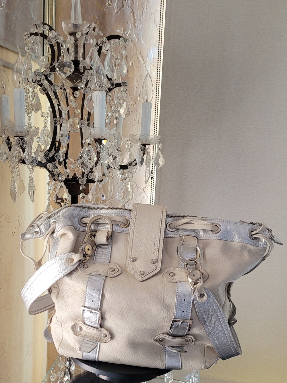 Gustto  Cream Bag with Metallic Silver Accents, Oversized Tote Or Handbag Y2K